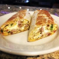 Western Breakfast Wrap · Green peppers, onions, ham, and cheese.