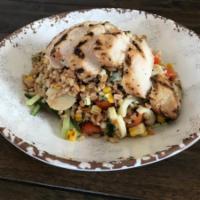 Farro Bowl · Italian farro salad tossed with hearts of palm, grape tomatoes, grilled corn, cucumber and a...