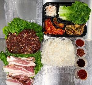 Couple Set · 2 choices of meat, large rice, lettuce, pre-set side dishes, and sauces including  BQ house soy sauce, salt & pepper with sesame oil, bean paste, and Korean hot sauce (gochujang)