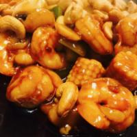 Cashew Shrimp · Stir-fry chicken breast in a house wine sauce, top with crunchy cashews.