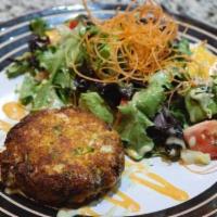 Crab Cake · Super lump crab meat, mayo, mustard, egg, cayenne pepper, spicy mayo, wasabi sauce, served w...