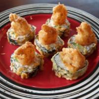 Andy Roll · Crab mix, avocado, cucumber, topped with fried shrimp, eel sauce and spicy mayo.