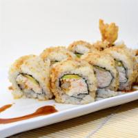 Crunchy Roll (8pcs) · Crab meat, shrimp tempura, avocado and cucumber inside. Tempura crunch flakes and eel sauce ...