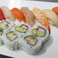 Sushi Regular Dinner · California roll, 7 pieces of sushi. Chef's choice. Comes with miso soup.