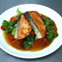 Teriyaki Salmon Dinner · A sweet soy-based sauce, sauteed with fresh mixed vegetables. Comes with white rice.