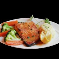 Broiled Salmon · Salmao grelhado. Served with choice of rice or potatoes and vegetables. 