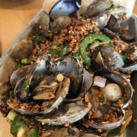 Clams with Crispy Garlic · Manila Clams, Green Onions, Jalapeños, Pepper