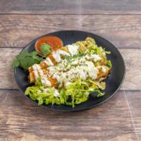 Chicken Flautas · Crispy corn tortillas with shredded chicken, Cotija cheese, crema, cilantro and salsa verde ...