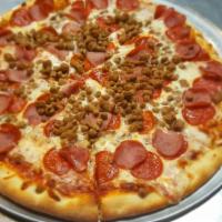 The Meat Eater Pizza · This one is loaded with pepperoni, Canadian bacon, ground Italian sausage and hamburger.