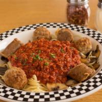 Spaghetti The Works · Served with meat sauce, meatballs, sausage and mushrooms.