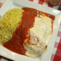 Veal Parmigiana · Breaded veal smothered in our homemade marinara sauce and baked with mozzarella cheese.