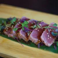 Seared Tuna Sashimi · Spring mix salad, Five pieces seared tuna sashimi, and served with special Japanese dressing.