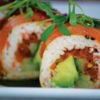 Ex Girlfriend Roll · NO RICE. Spicy tuna, crab, avocado, and cucumber wrapped in soy paper, topped with tuna, sal...