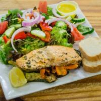 Fresh Salmon Salad · Mixed Greens, Grilled Vegetable, Fresh Salmon, Cucumber, Tomato, Red Onion, Tomatoes. Served...