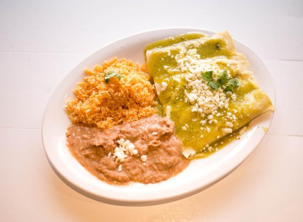 Enchilada Rositas · (4) Corn tortillas rolled and stuffed with your choice of cheese or chicken topped with melted mozzarella cheese and your choice of our specialty red or green sauce. Served with refried beans and rice!