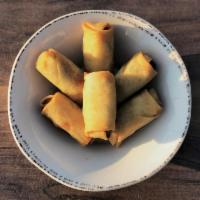 6 Vegetable Spring Rolls · Shredded mushrooms, celery, carrots, and bean sprouts stuffed in rice paper and fried.