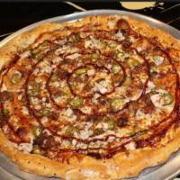 Spicy BBQ Pizza · BBQ sauce base, grilled chicken, bacon, and jalapeno.