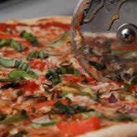 The Garden Pizza · Artichokes, red onions, green peppers, mushrooms, black olives, tomatoes, and spinach.