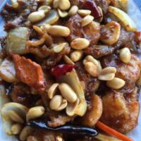 Kung Pao 3 Flavor · Shrimp, chicken breast, and beef stir-fried with water chestnut, onion and peanut in mildly ...