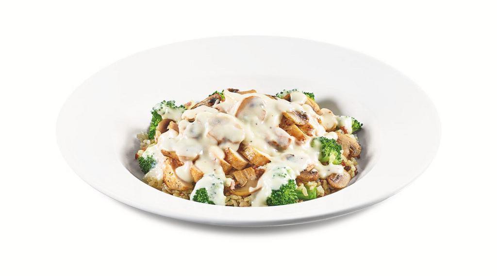 Chicken Addiction Bowl  · A grilled seasoned chicken breast atop whole grain rice and broccoli with grilled mushrooms and creamy Alfredo sauce. Served with dinner bread.