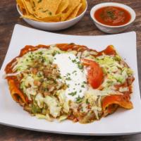 Enchiladas Supremas · Consists of 5 enchiladas, 2 shredded chicken, 1 beef, 1 cheese and 1 beans. Topped with ench...