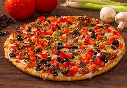 Snowy Alps · Garlic Combo. Piled high with pepperoni, mushrooms, olives, Italian sausage, green onions and diced tomatoes on our creamy garlic sauce. - (150-340 cal./slice) 