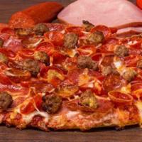 Pikes Peak · All Meat Combo. Mounds of Italian sausage, pepperoni, beef, salami, linguica and ham on clas...