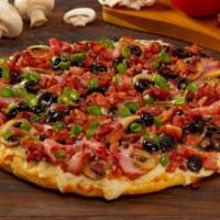 Sizzlin' Bacon Classic · A family favorite! Crispy bacon, tender ham, sliced mushrooms, olives and green onions on cr...