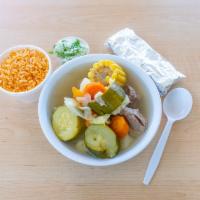 Caldo de Res o Pollo · Choose between our Chicken or Beef Soups
with Potato, Cabbage, Carrots and Squash