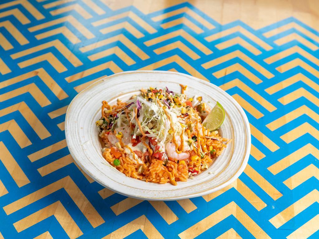 Shrimp Burrito · The original. Chipotle shrimp, citrus slaw, corn salsa, pico, rice, cilantro, chipotle ancho mayo, salsa roja, and queso fundido.