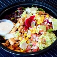 Chicken Salad · Organic mixed greens, cucumber, black beans, corn, lettuce, cheese, pico, and Chipotle ranch.