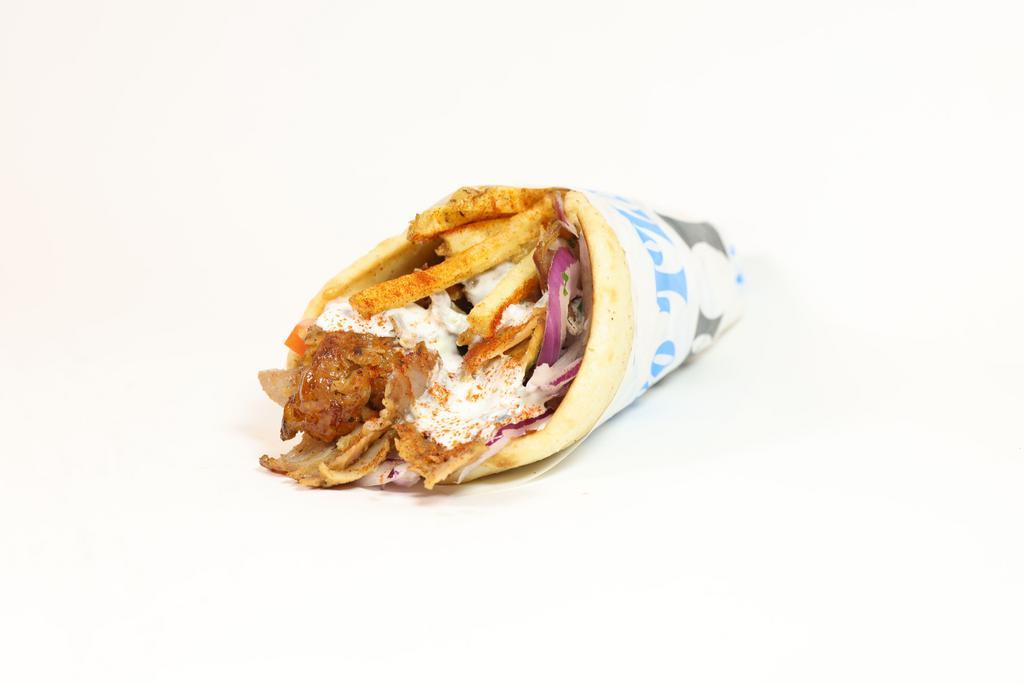 Pork Belly Gyro Pita · Thin slices of seasoned pork, stacked and cooked on a vertical rotisserie, served on a warm pita bread filled with fries, tomatoes, onions and tzatziki sauce.