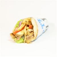 Chicken Gyro Pita Combo · Thin slices of seasoned boneless chicken, stacked and cooked on a vertical rotisserie, serve...