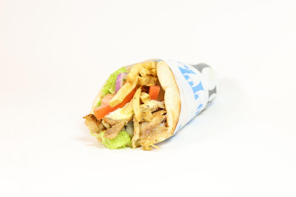 Chicken Gyro Pita Combo · Thin slices of seasoned boneless chicken, stacked and cooked on a vertical rotisserie, served on a warm pita bread filled with fries, tomatoes, onions, lettuce and mustard sauce.