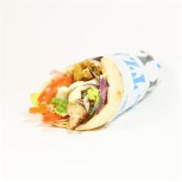 Chicken Souvlaki Pita · Seasoned chicken cubed and skewered on a stick, cooked over open flame and served on a warm ...
