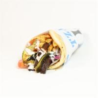 Veggie Pita · Grilled zucchini and mushrooms served on a served on a warm pita bread filled with fries, to...