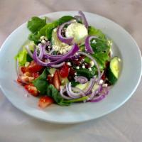 Greek Salad · Mixed greens, black olives, cucumbers, onions, tomatoes, green pepper, feta cheese, and Gree...
