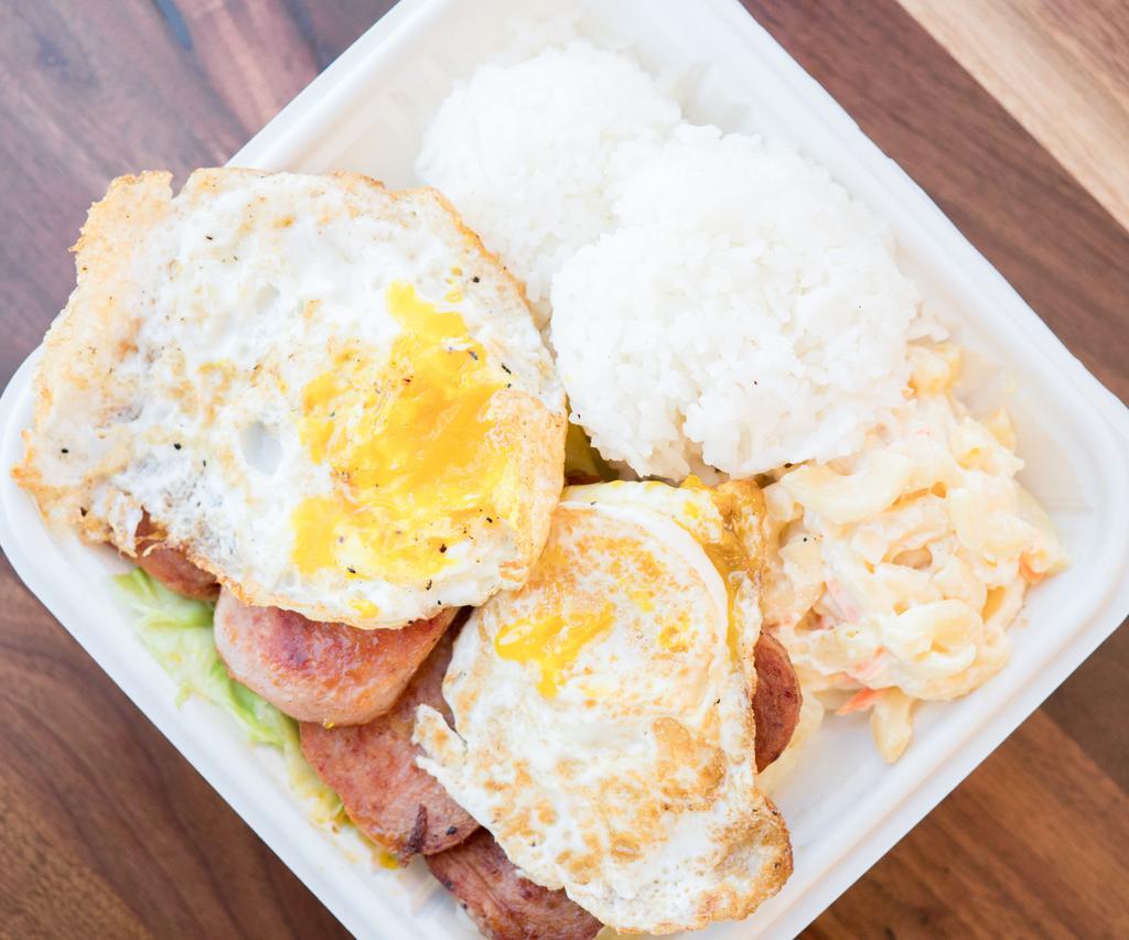 Grilled Spam & Egg · A true local dish – grilled Spam with 2 eggs.