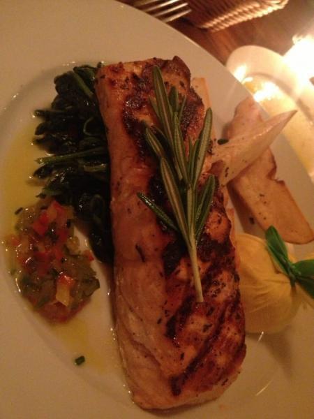 Salmone alla Griglia · Grilled salmon fillet served with sauteed spinach, roasted potatoes and sweet bell pepper relish.