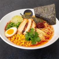 The Shoyu on Fire Ramen · Spicy clear chicken broth with shoyu, green onion, corn, seaweed, jalapeno, lime, and egg. Y...