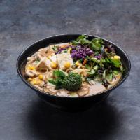 The Veggie Ramen · Vegetable broth with a miso base, bean sprouts, corn, mushroom, tofu, broccolini, baby green...