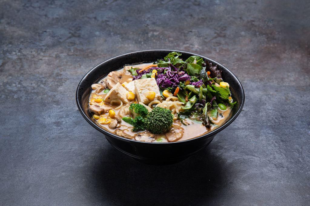 The Veggie Ramen · Vegetable broth with a miso base, bean sprouts, corn, mushroom, tofu, broccolini, baby greens, kale, red cabbage, and avocado.