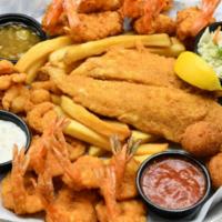 Shrimp & Seafood Ensemble · Crispy fried shrimp, coconut shrimp, popcorn shrimp, fish fillet, with fries, coleslaw and h...
