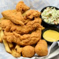 Homestyle Chicken Tenders · Hand breaded white meat chicken. Served with French fries, coleslaw and Hush-puppies.
