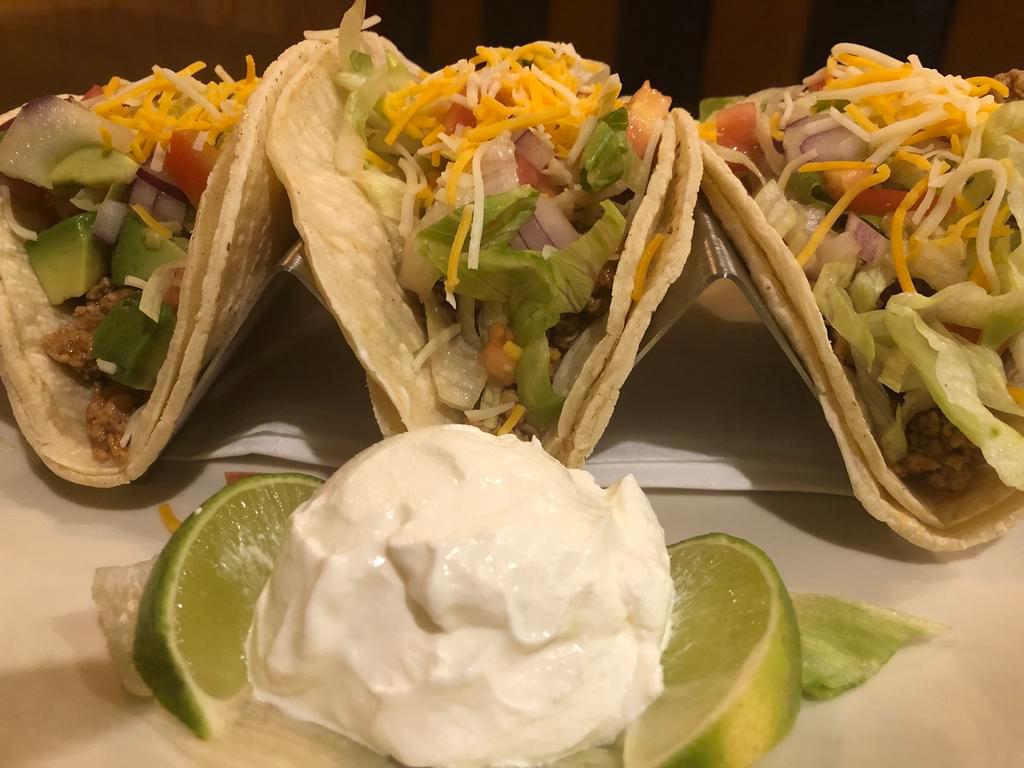 Bbq chicken tacos (3) · Lettuce, tomato,red onion, avocado, cheddar & monterey cheeses served w/ sour cream and fresh lime