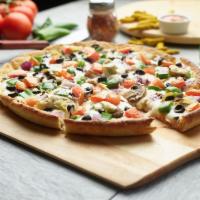Vegenation Pizza · Red sauce, mozzarella cheese, mushrooms, onions, bell pepper, olives, tomatoes, artichoke he...