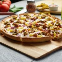 Latino Pizza · Red sauce, mozzarella cheese, pepperoni, ham, onions, pineapple, jalapeno, Italian sausage. 