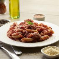 Penne Meatball Pasta · This pasta has our signature marinara sauce, penne pasta, juicy beef meatballs, and fresh Pa...