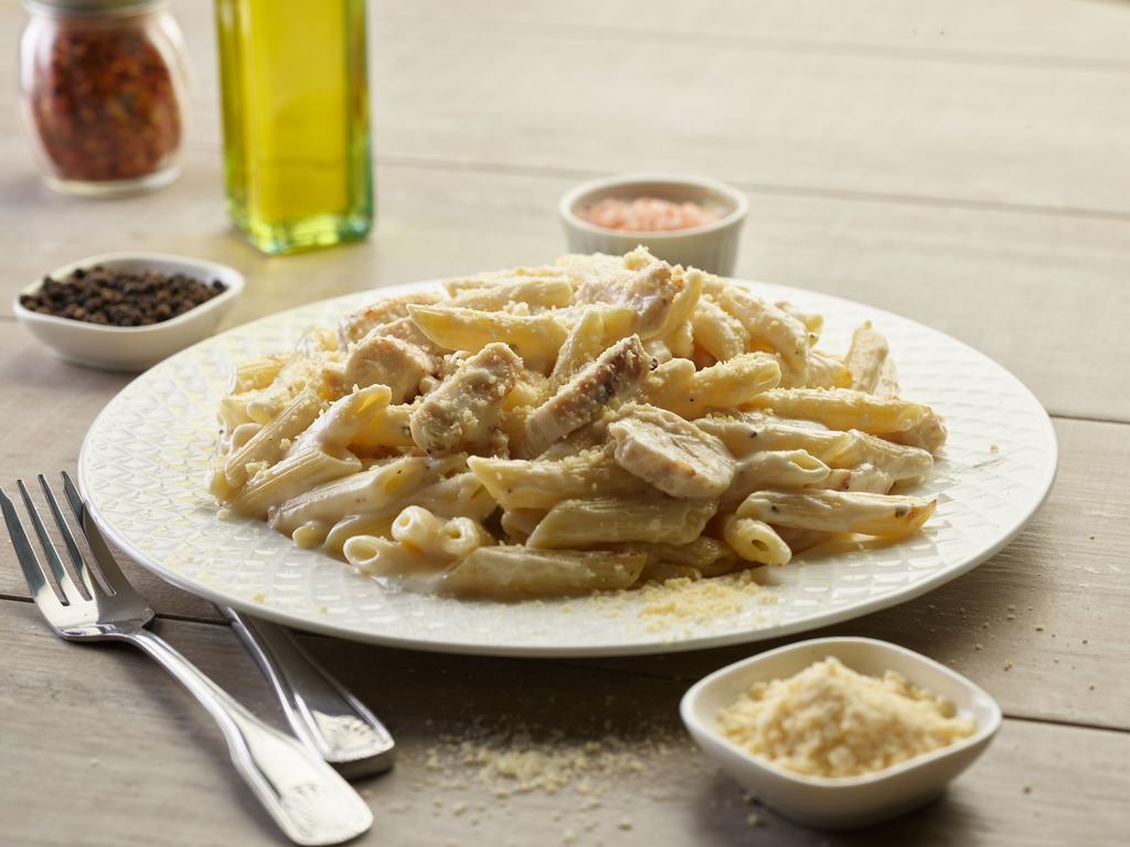 Alfredo Chicken Pasta · This pasta has our signature alfredo sauce, penne pasta, all-natural garlic chicken Breast & fresh Parmesan cheese.