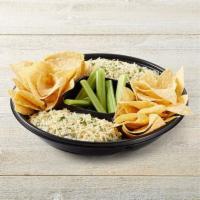 Spinach & Artichoke Dip Platter · Spinach, artichokes, Romano, sauteed onions & red bell peppers. Topped with Parmesan bread c...